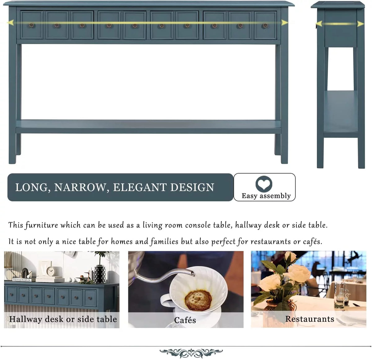 Navy 60" Console Table with 2 Drawers and Bottom Shelf V276