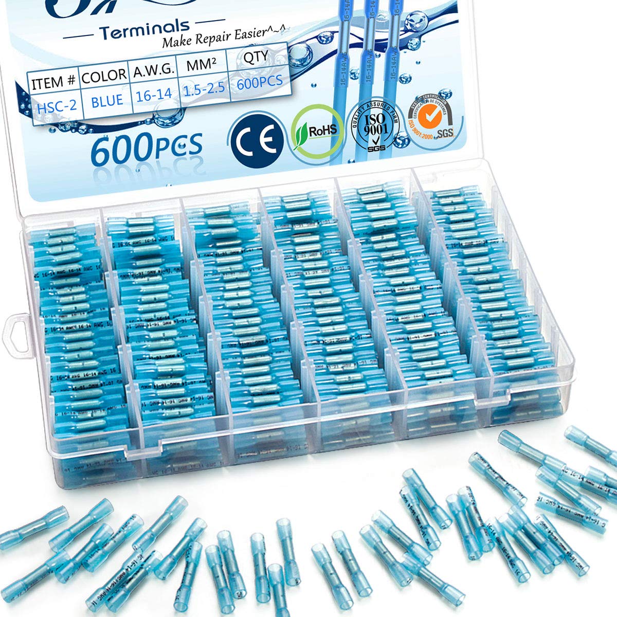 600PCS Heat Shrink Butt Connectors 16-14 AWG Waterproof Insulated Crimp Terminals (Blue) Pack of 2 X27336