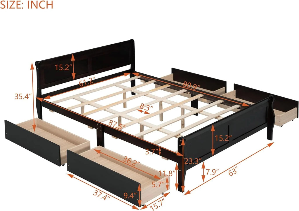 Espresso Wood Platform Bed with 4 Storage Drawers R993133