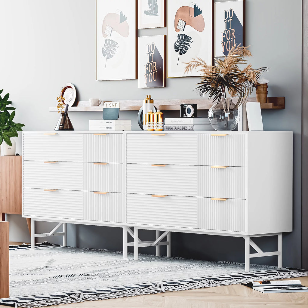 Creamy 6 Drawer Wood Dresser with Metal Base E889