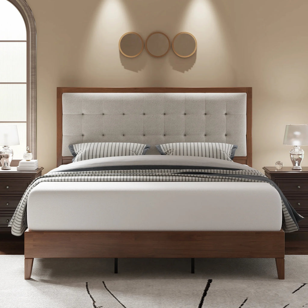 Full Size Wood Platform Bed with Tufted Headboard T3293