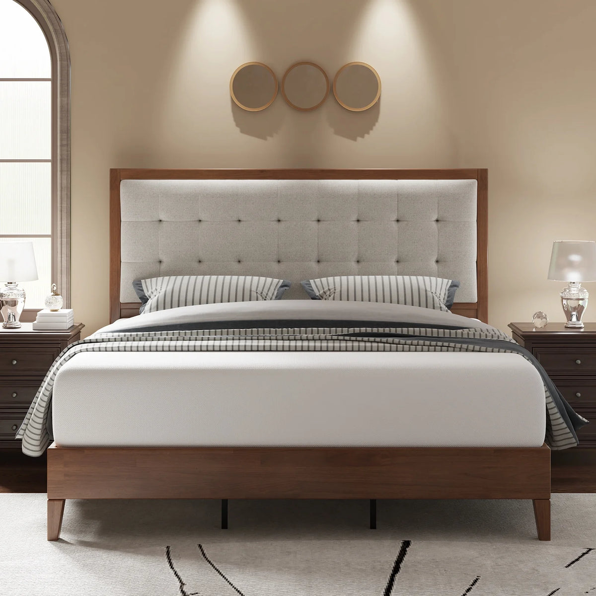Full Size Wood Platform Bed with Tufted Headboard T3293