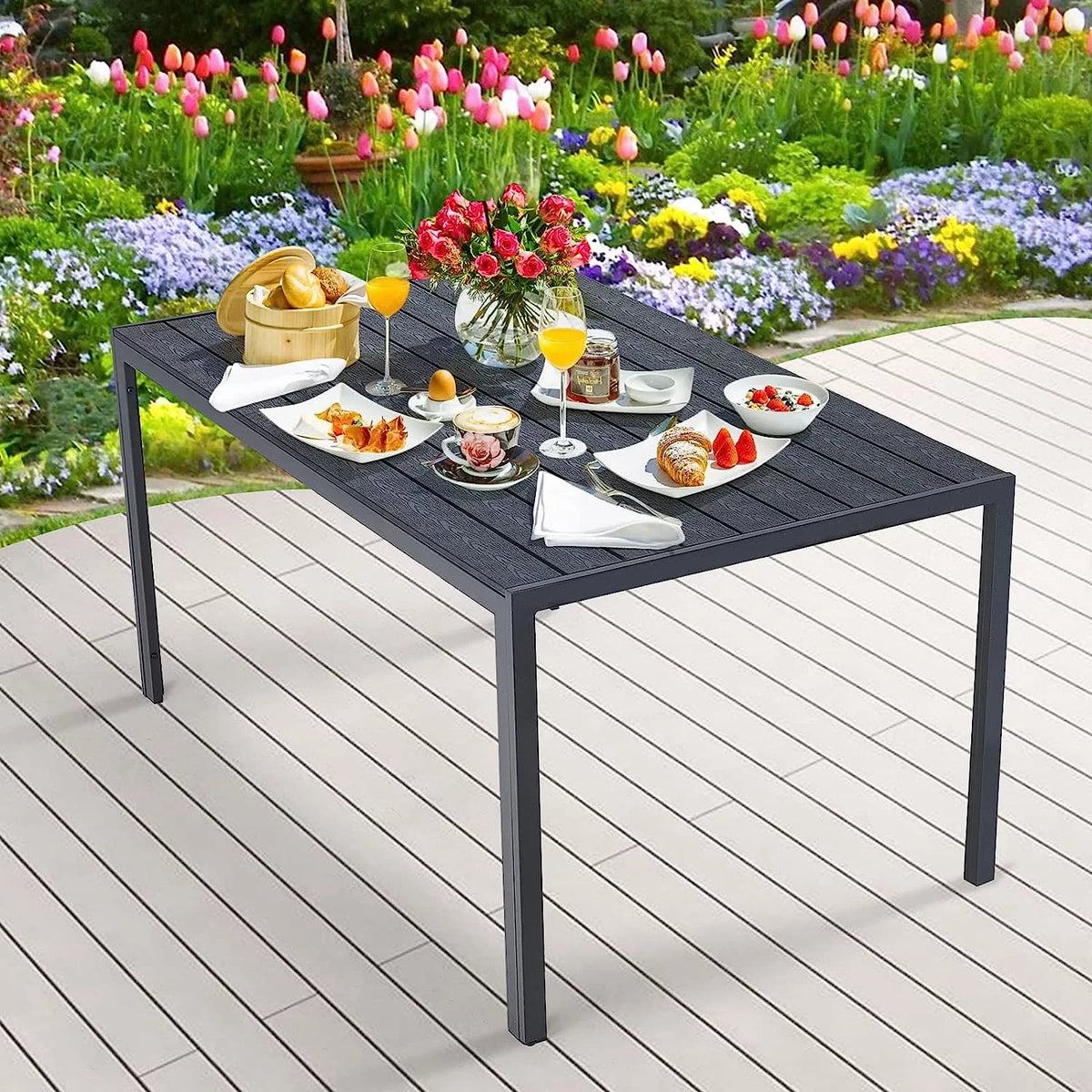 51x31 Black Metal Outdoor Dining Table with Umbrella Hole N33606