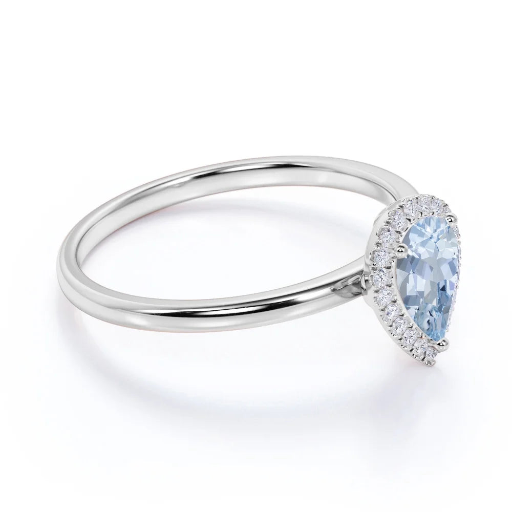 1 Carat Pear Shaped Created Aquamarine Halo Wedding Ring in 18k White Gold over Silver T622028