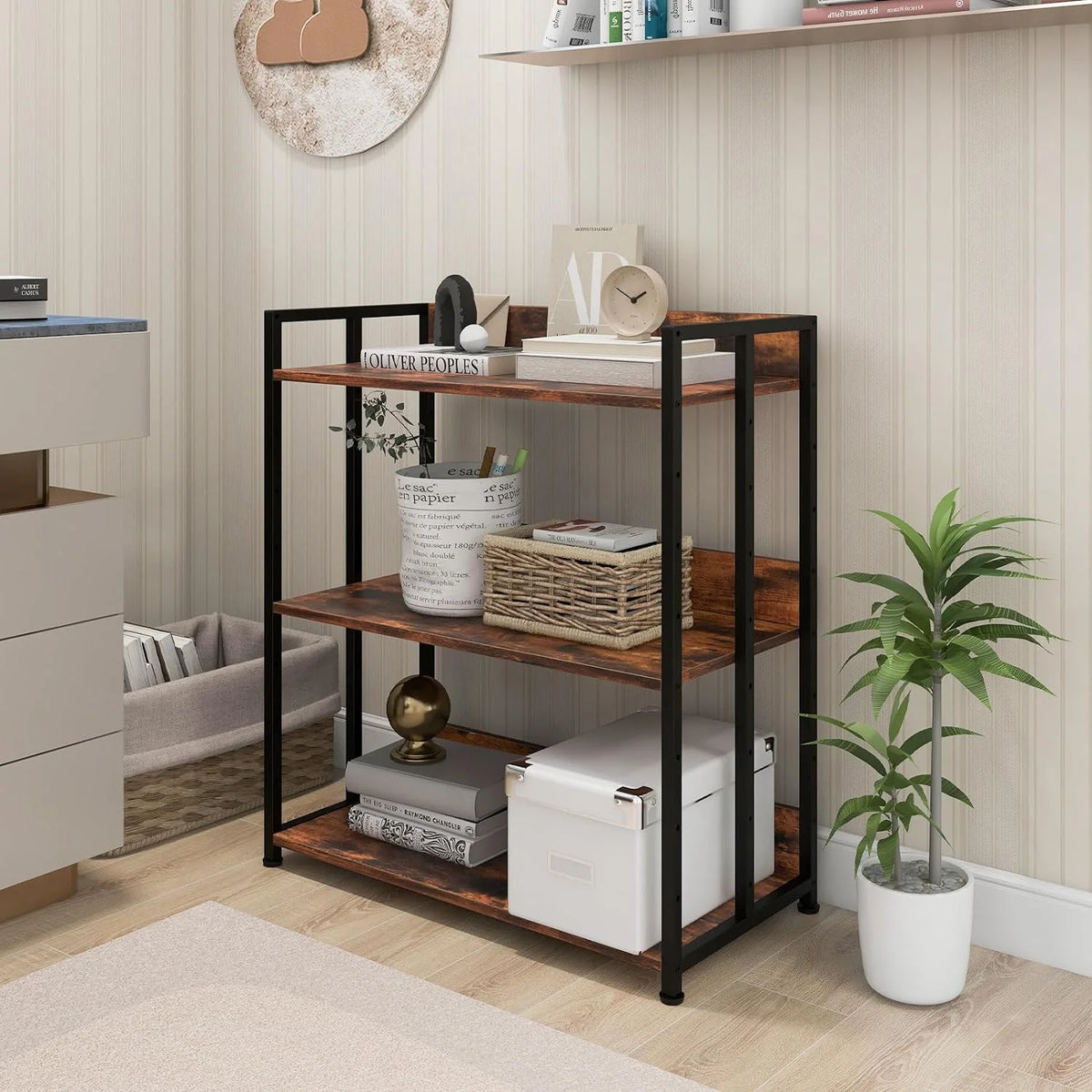 3-Tier Rustic Brown Bookshelf with Metal Frame S564916