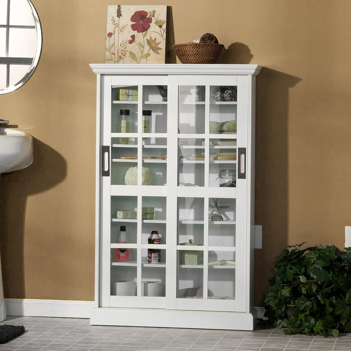 White Sliding Window Pane Display Cabinet T91959