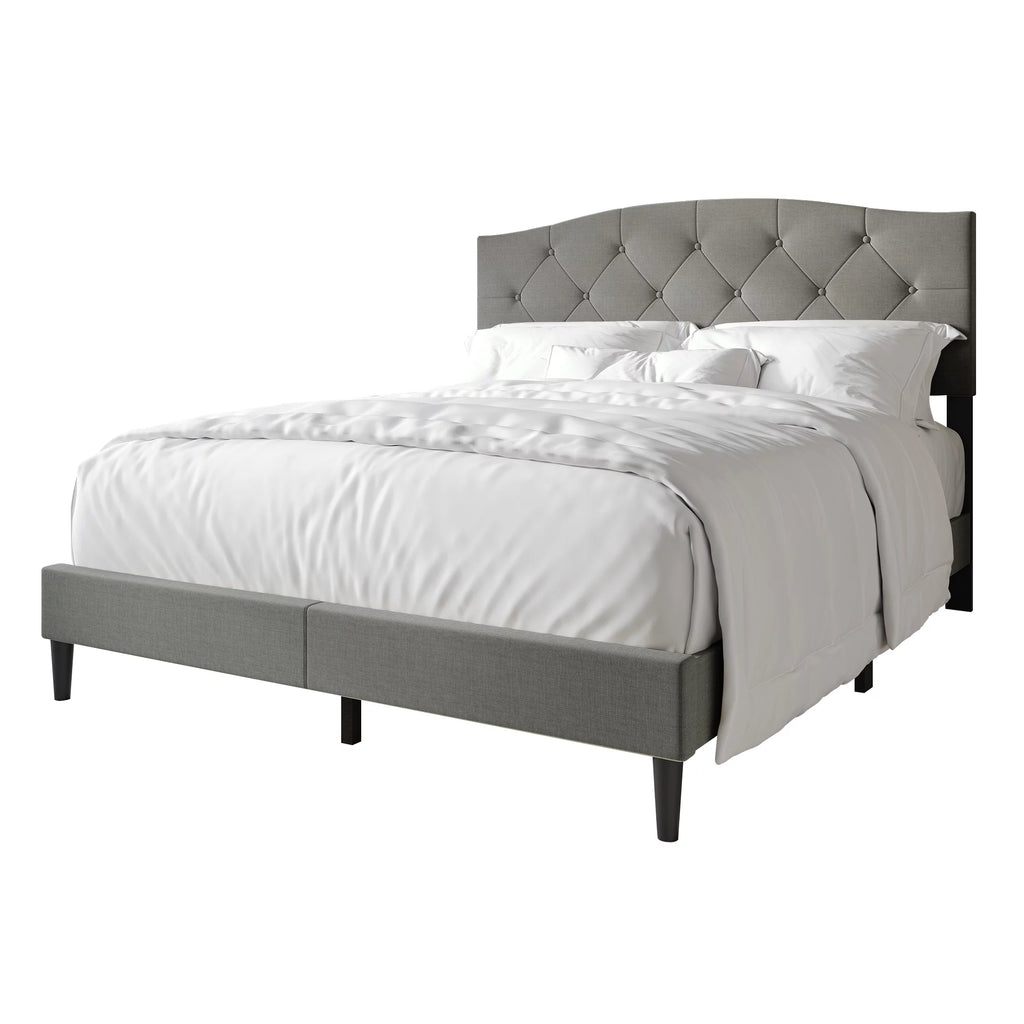 Beige Linen Upholstered Full Platform Bed V5603