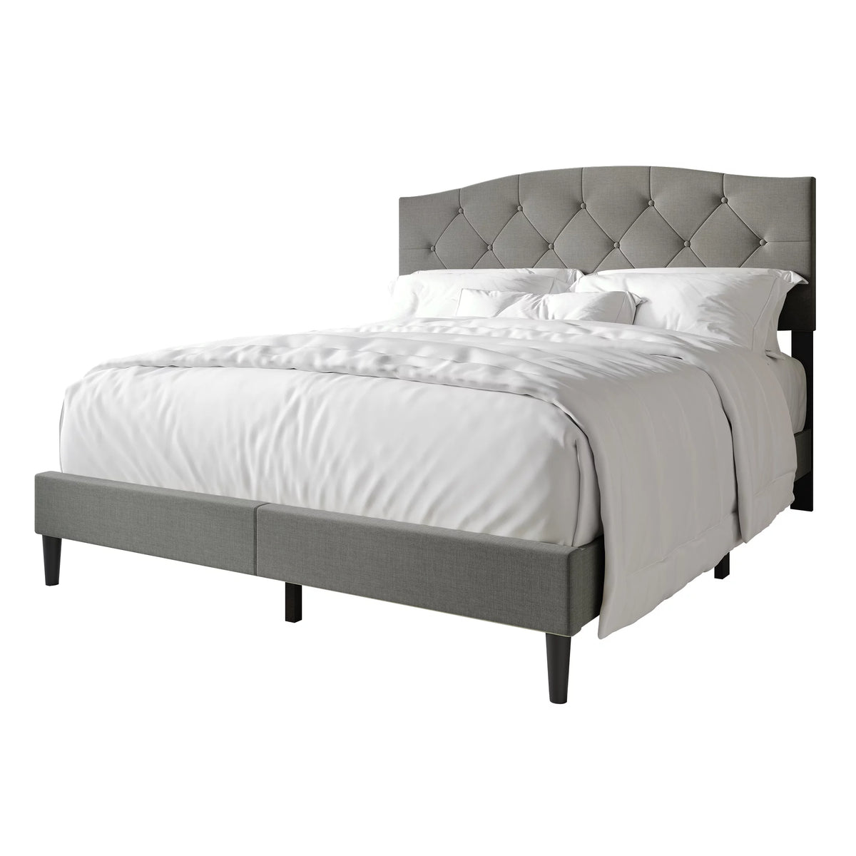 Beige Linen Upholstered Full Platform Bed V5603