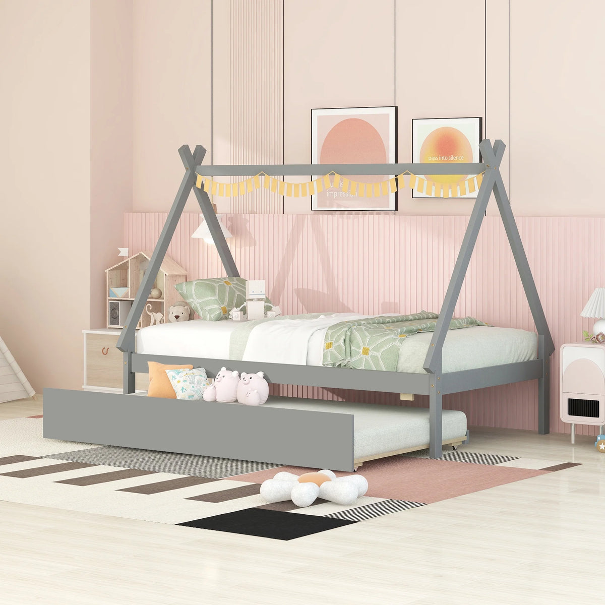 Twin Size Wooden Tent-shaped Platform Bed with Trundle G244