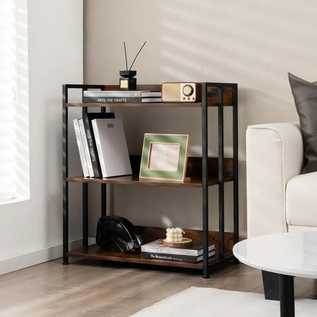 3-Tier Rustic Brown Bookshelf with Metal Frame S564916