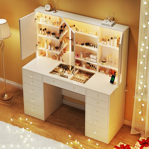 White 50" Vanity Desk with Mirror and Lights, Glass Top, 11 Drawers & 8 Hidden Storage Shelves, 3 LED Lighting Modes V872819