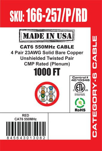 Cat6 UTP 23AWG 8C Solid Bare Copper Plenum Bulk Ethernet Cable K480056