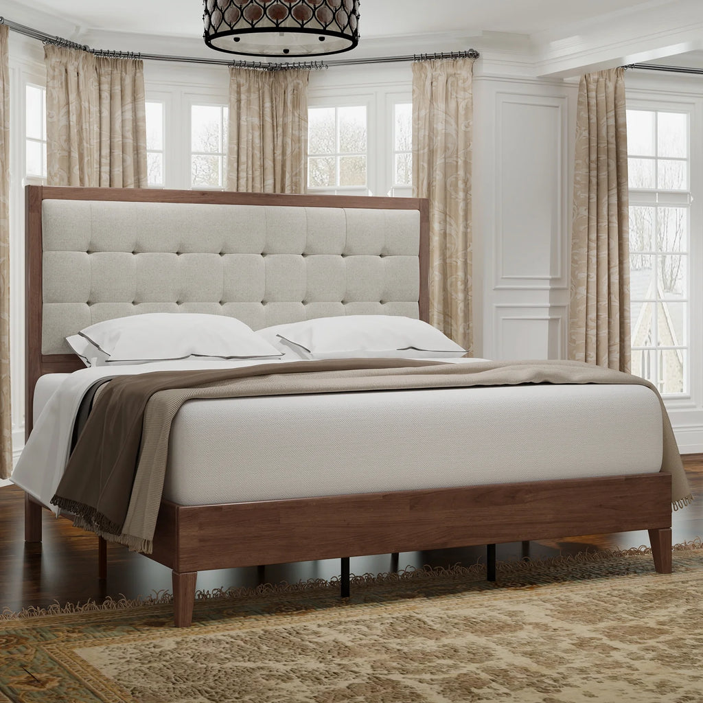 Full Size Wood Platform Bed with Tufted Headboard T3293