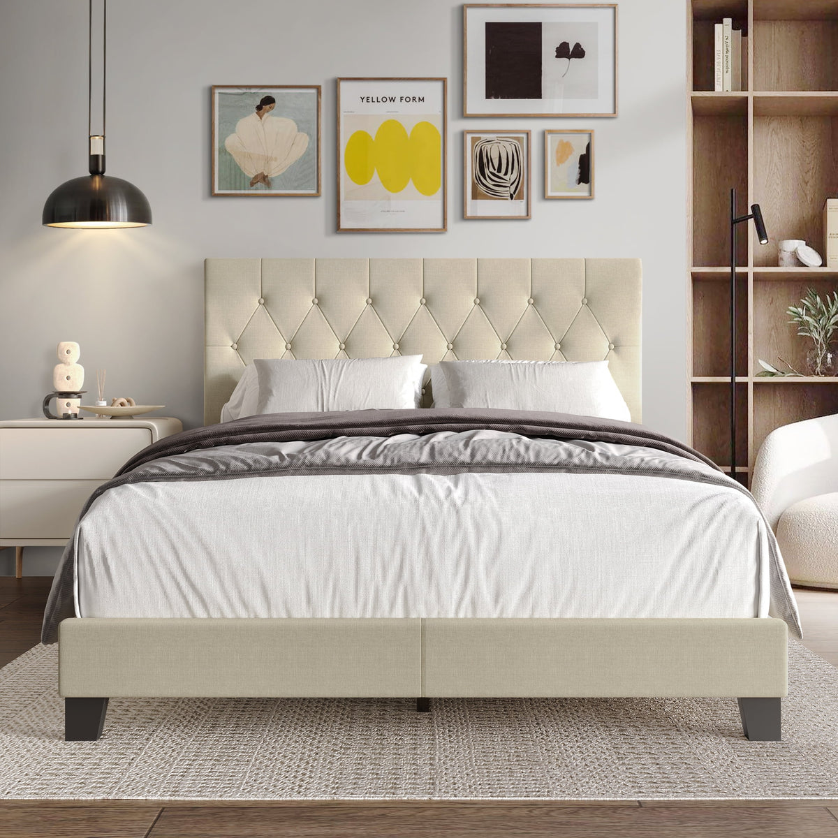 Beige Linen Upholstered Full Bed Y375