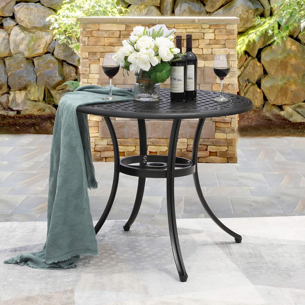 36 Inch Round Cast Aluminum Patio Table with Umbrella Hole O7832