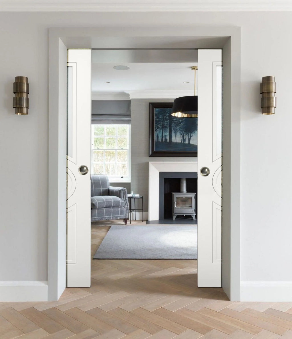 Sliding French Double Pocket Doors 36 x 84 inches Opaque Glass Matte White MDF Interior Doors X20083