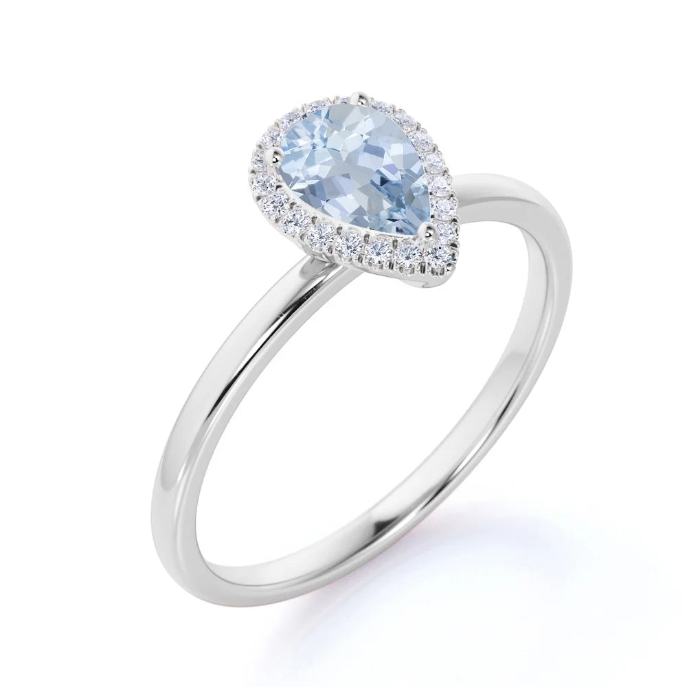 1 Carat Pear Shaped Created Aquamarine Halo Wedding Ring in 18k White Gold over Silver T622028