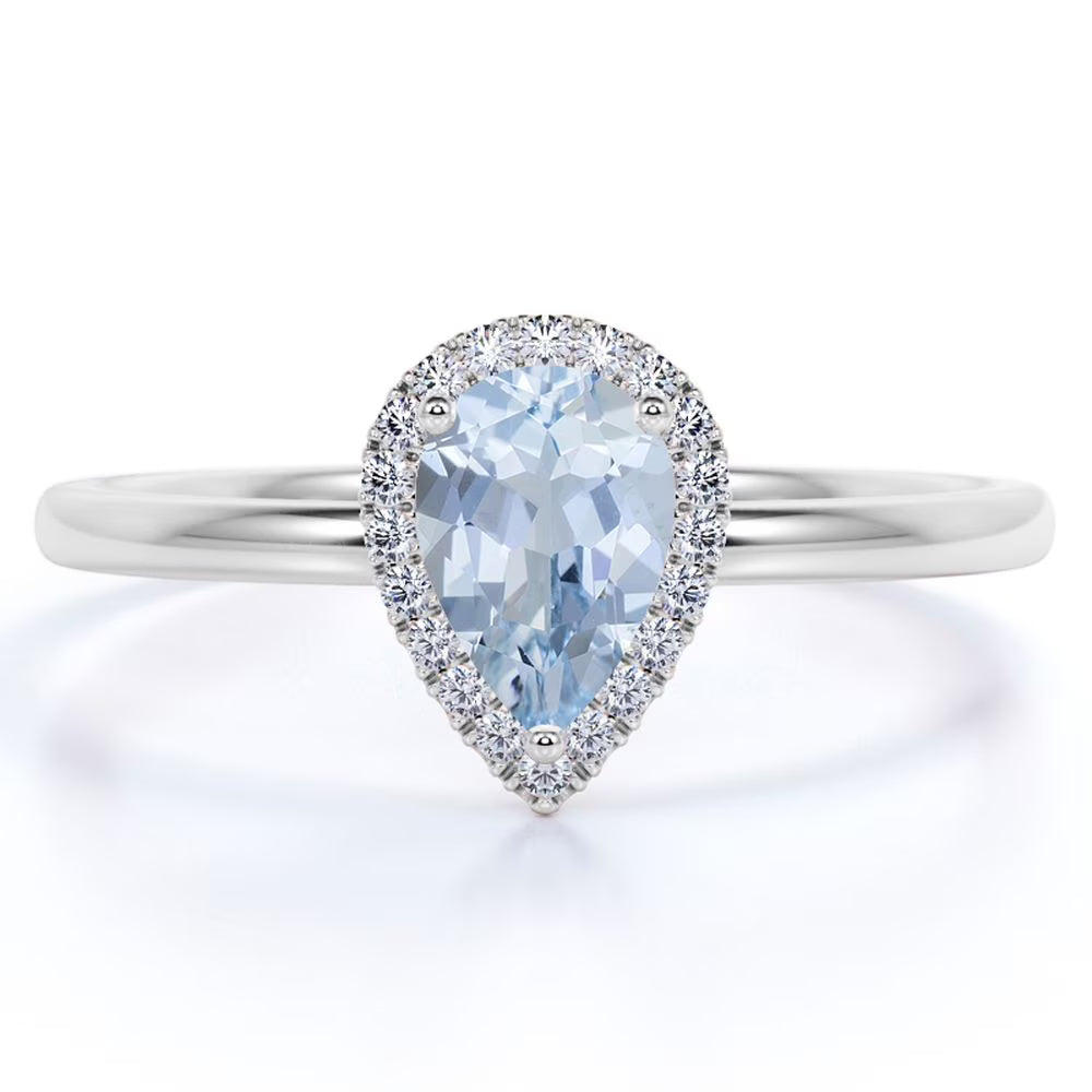1 Carat Pear Shaped Created Aquamarine Halo Wedding Ring in 18k White Gold over Silver T622028