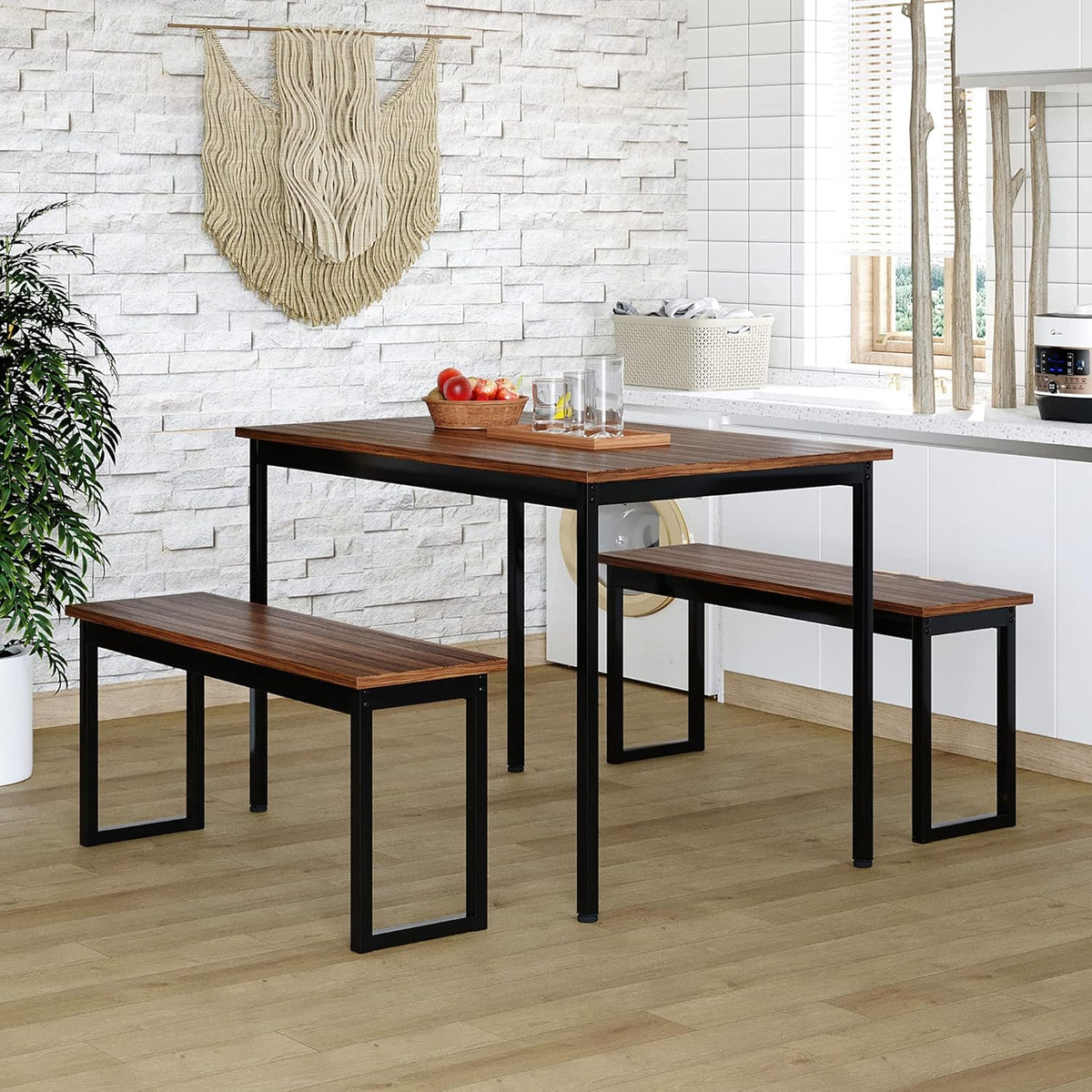 3 Pieces Dining Room Table Set with 2 Benches T966763