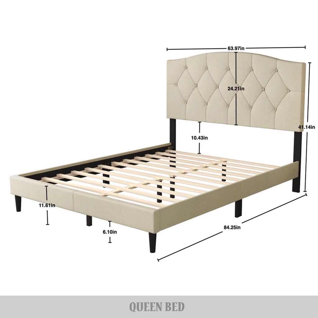 Beige Linen Upholstered Full Platform Bed V5603