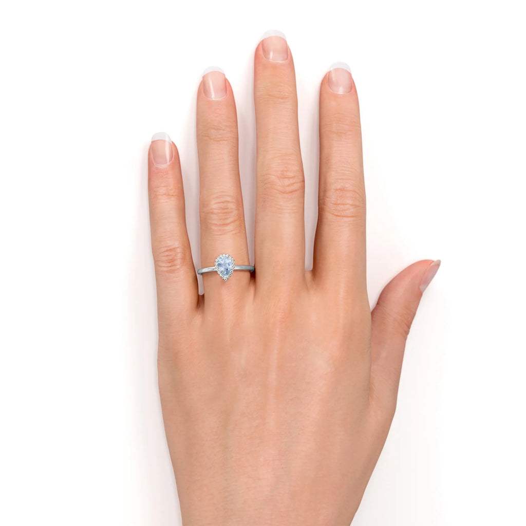 1 Carat Pear Shaped Created Aquamarine Halo Wedding Ring in 18k White Gold over Silver T622028