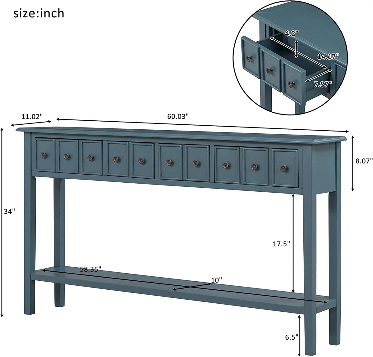 Navy 60" Console Table with 2 Drawers and Bottom Shelf V276