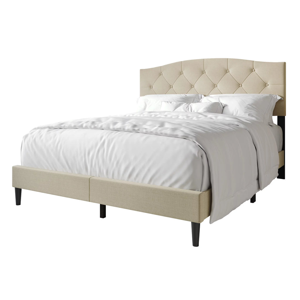Beige Linen Upholstered Full Platform Bed V5603