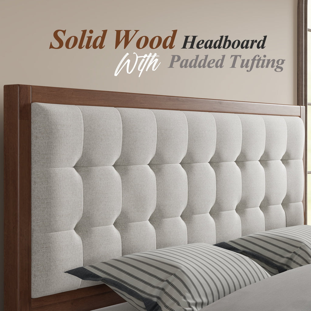 Full Size Wood Platform Bed with Tufted Headboard T3293