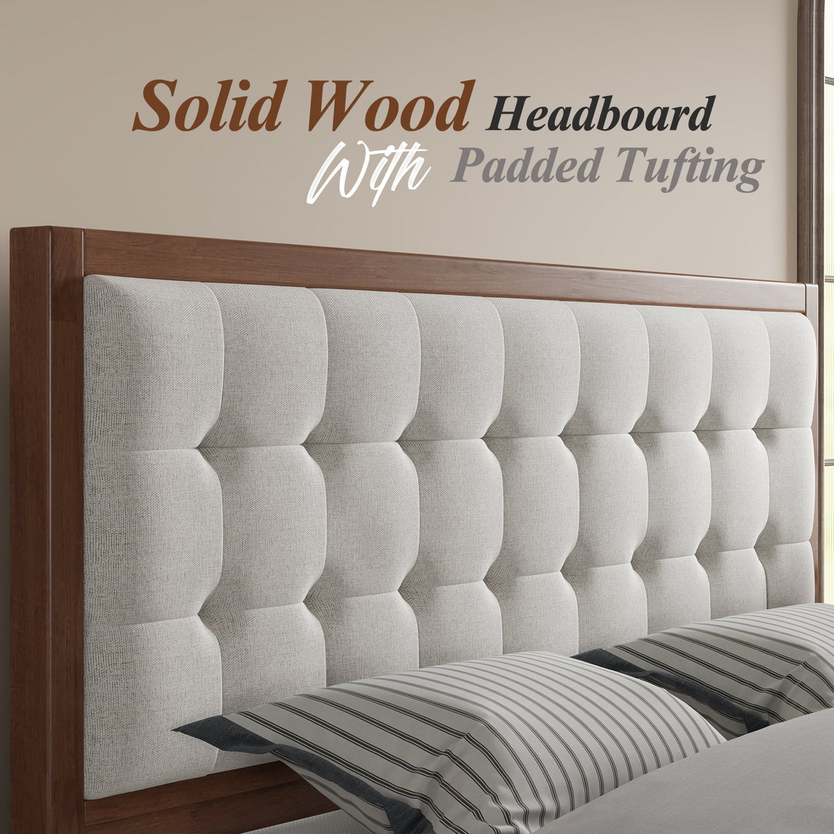 Full Size Wood Platform Bed with Tufted Headboard T3293