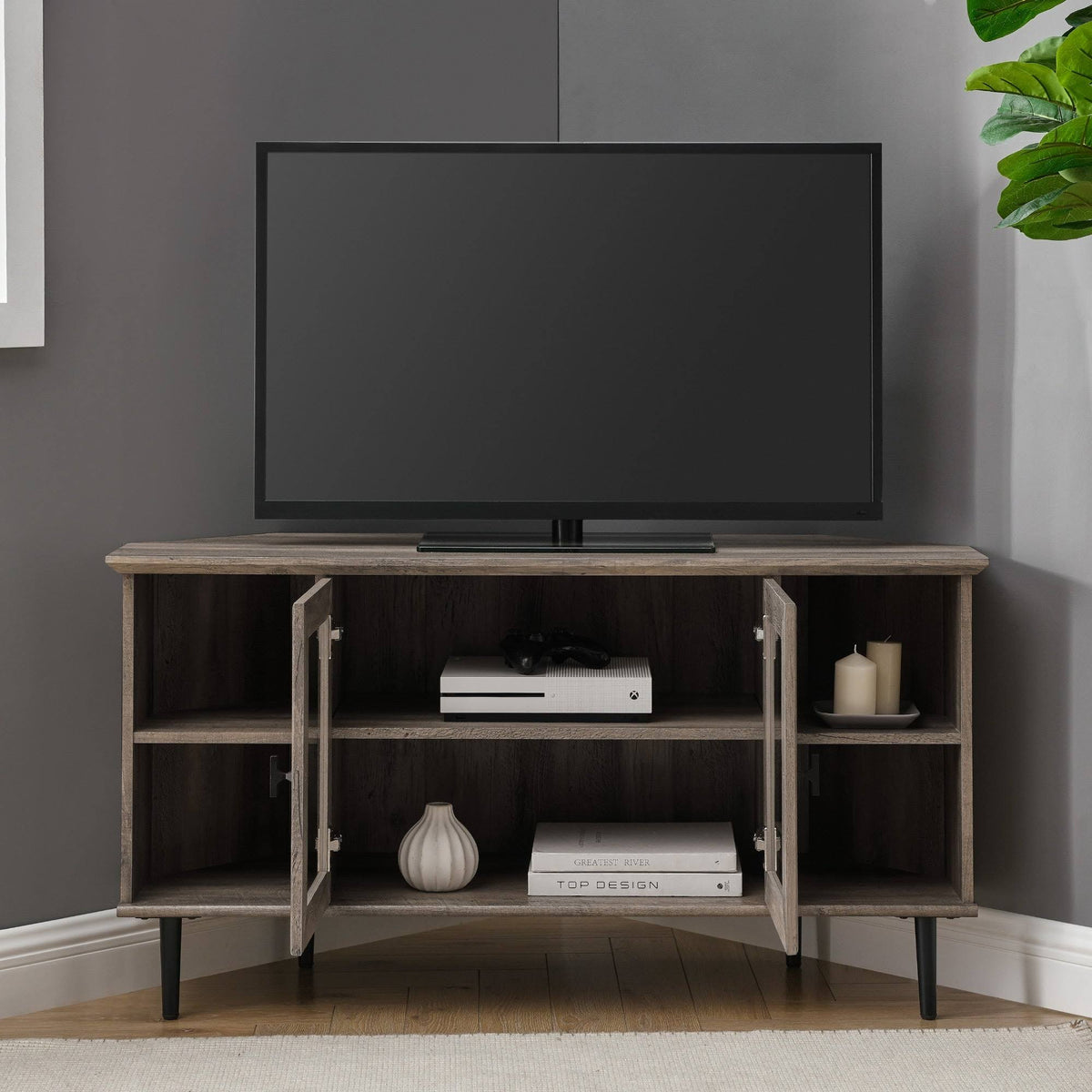 Dark Walnut Glass Door Corner TV Console X11655