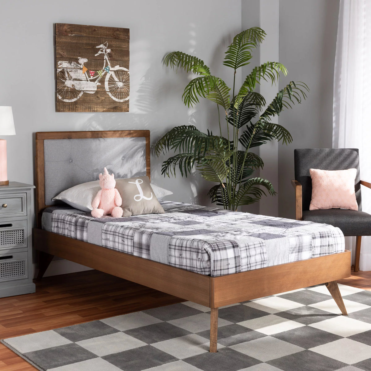 Light Grey Fabric Upholstered Twin Size Platform Bed M5100
