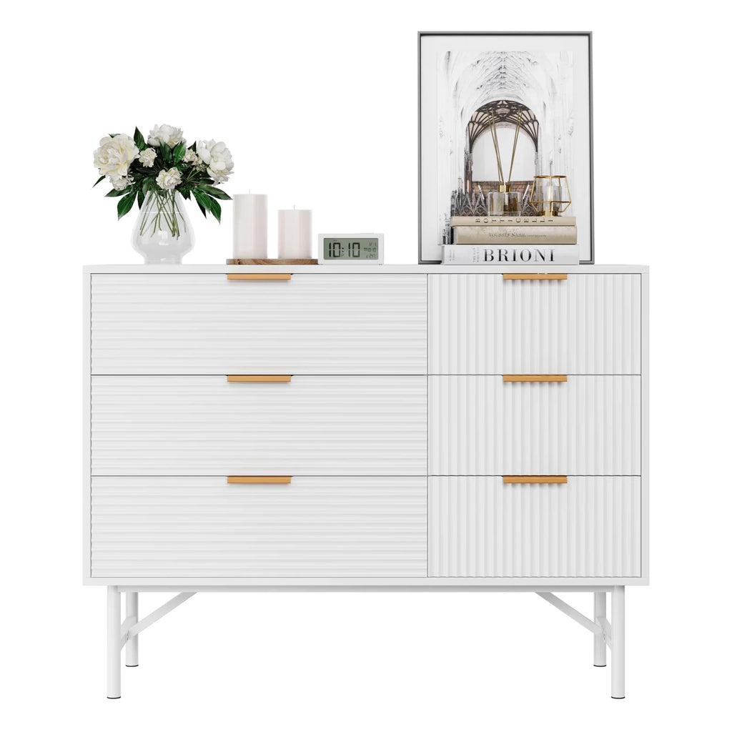 Creamy 6 Drawer Wood Dresser with Metal Base E889