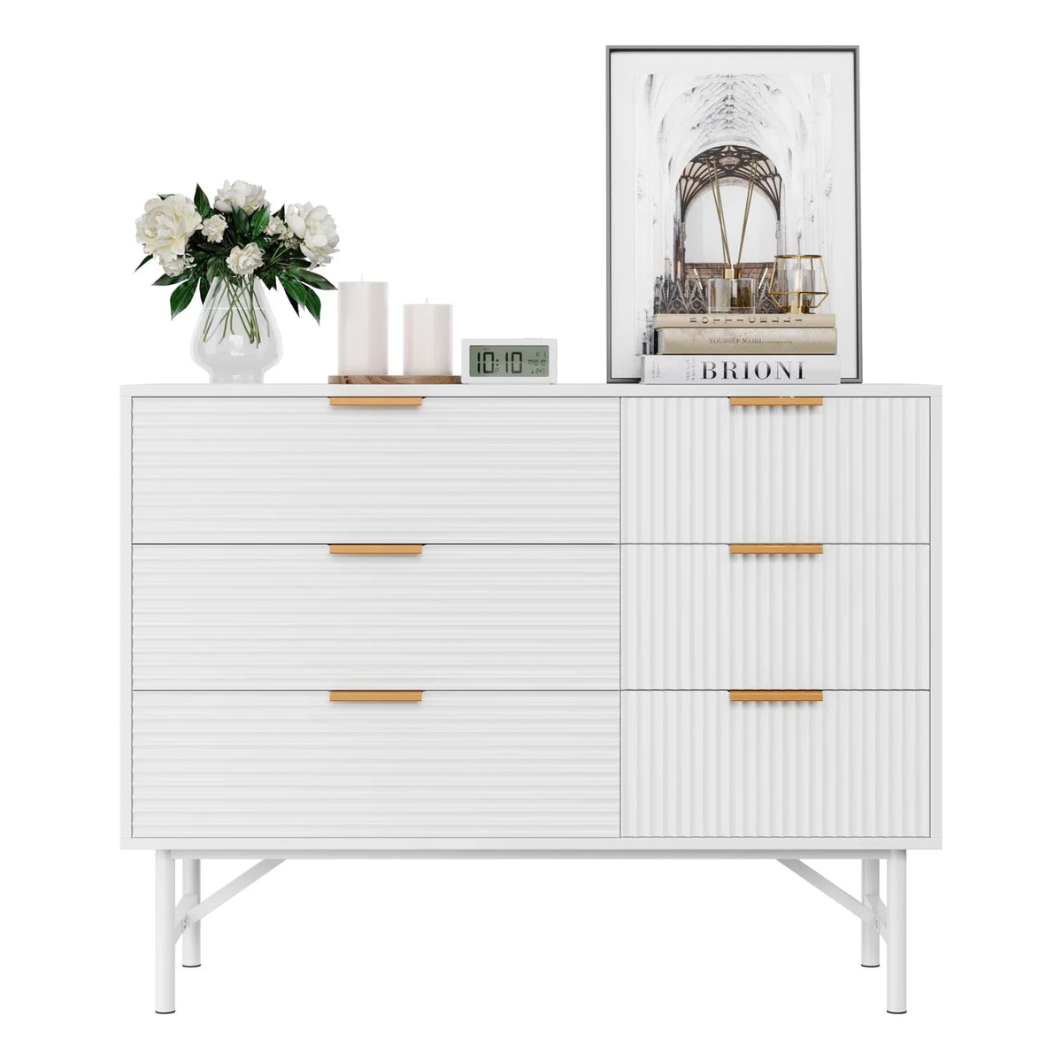 Creamy 6 Drawer Wood Dresser with Metal Base E889