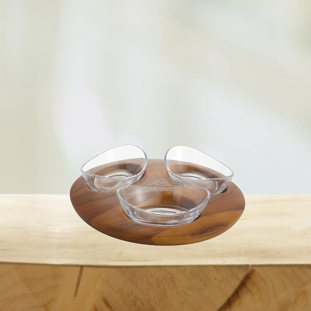 Condiment Server 3 Piece Set Acacia Wood and Glass Y578