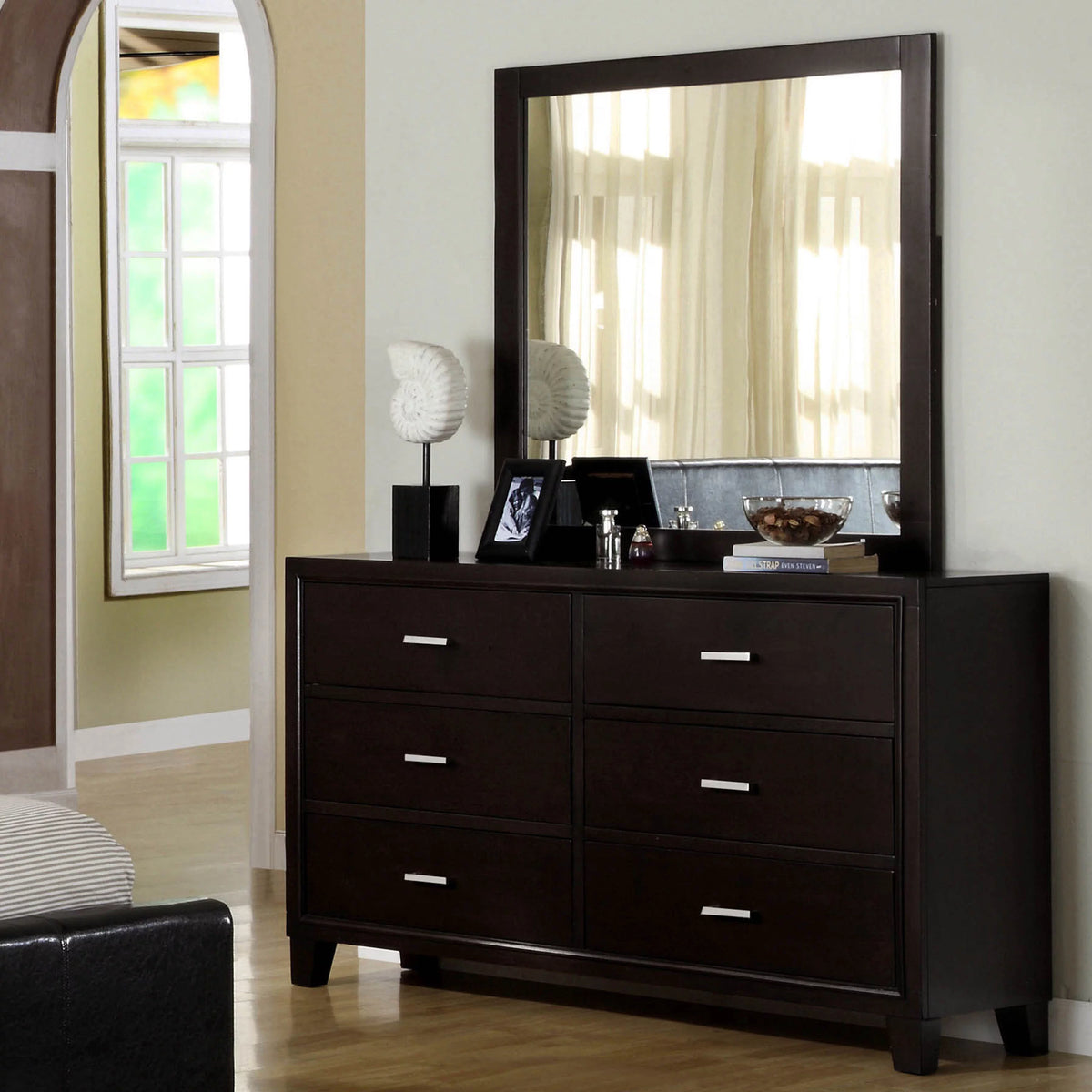 Espresso Wood 6-Drawer Dresser with Mirror U964