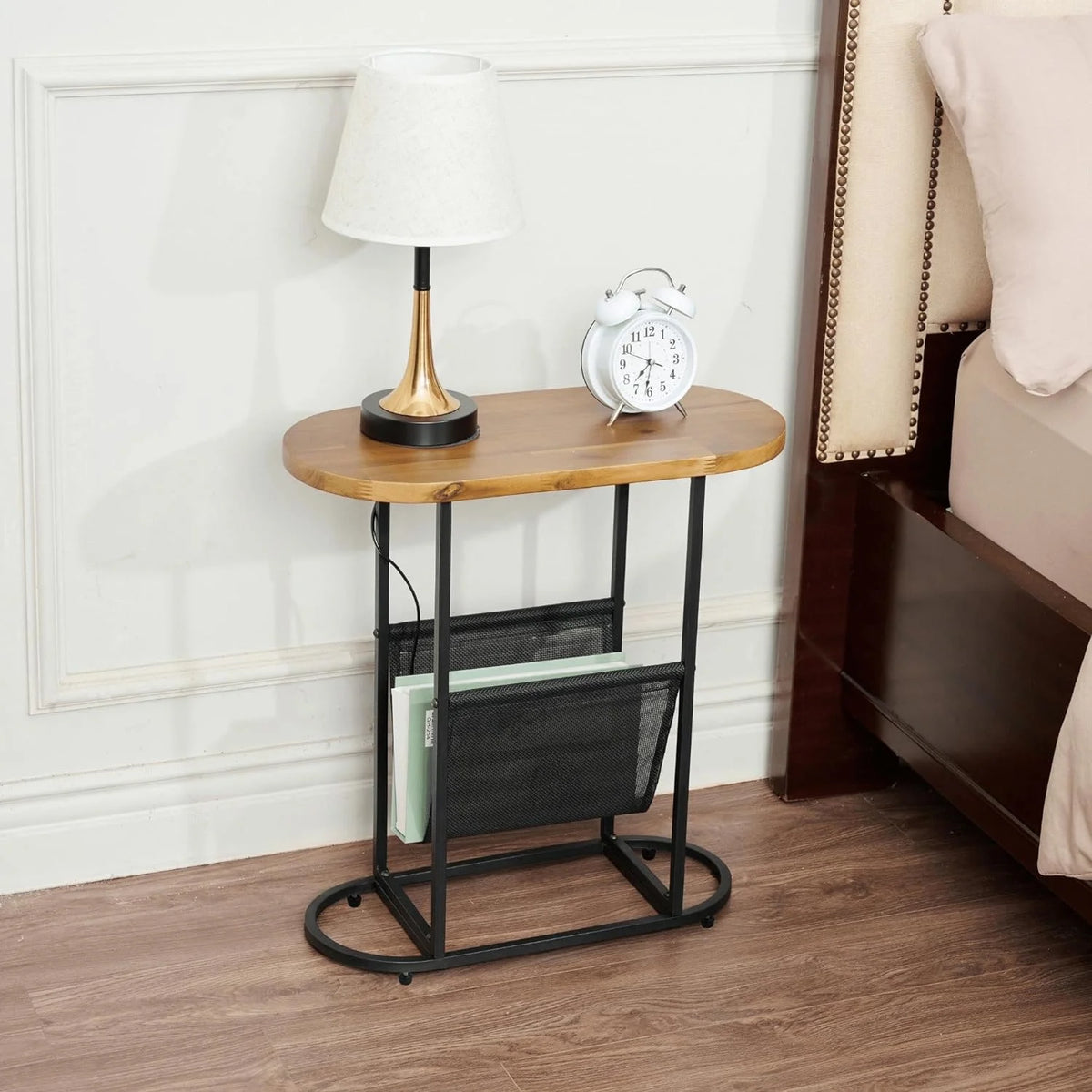 Acacia Wood Oval End Table with Metal Frame I67588
