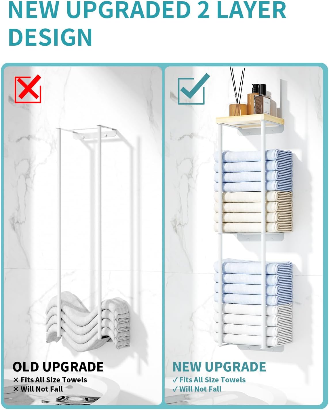 2 Tier White Wall Towel Rack with Wood Shelf P9074