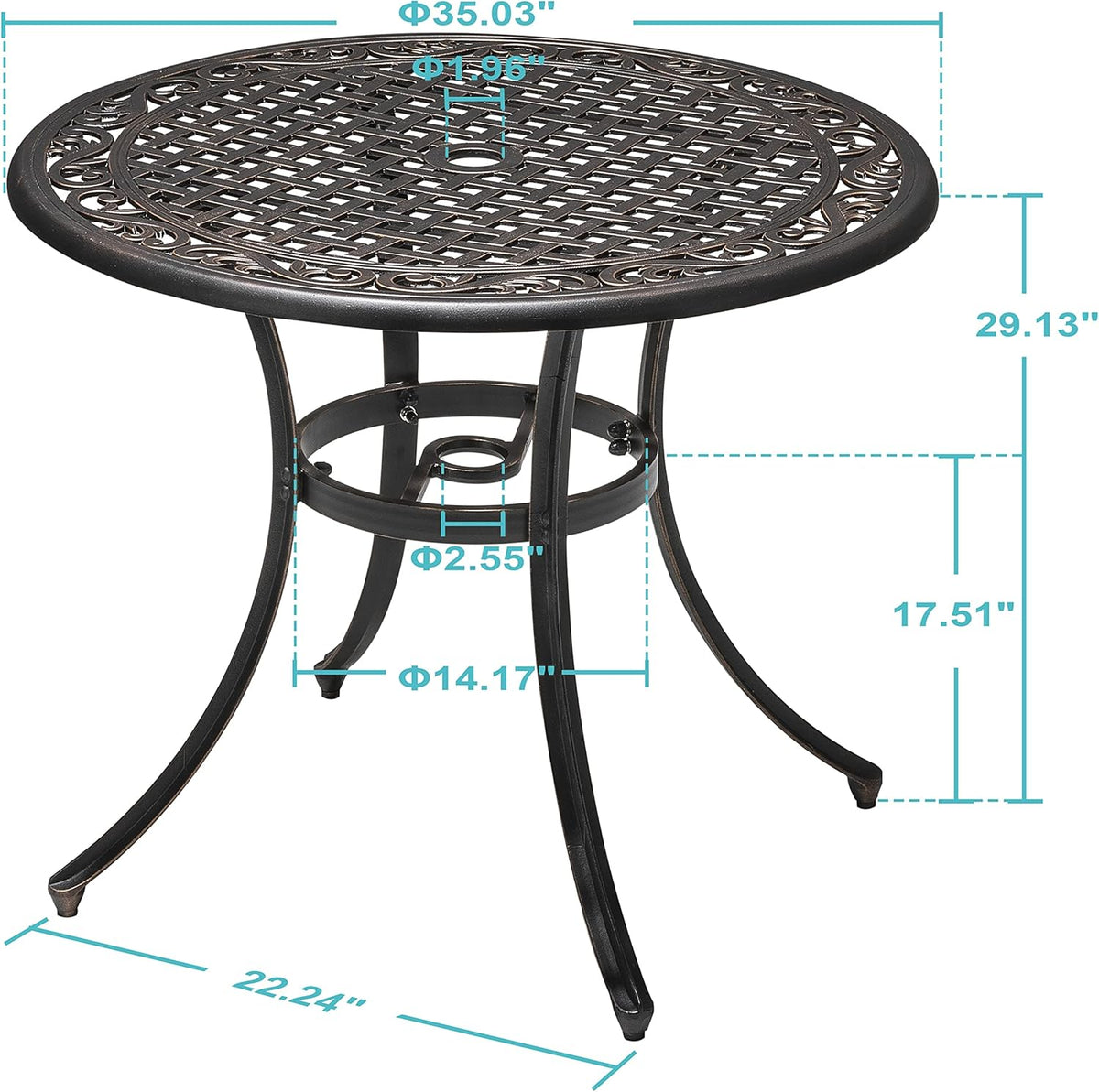 36 Inch Round Cast Aluminum Patio Table with Umbrella Hole O7832