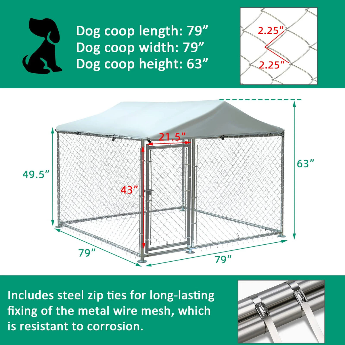 Large Outdoor Dog Kennel with Galvanized Chain Link K5429