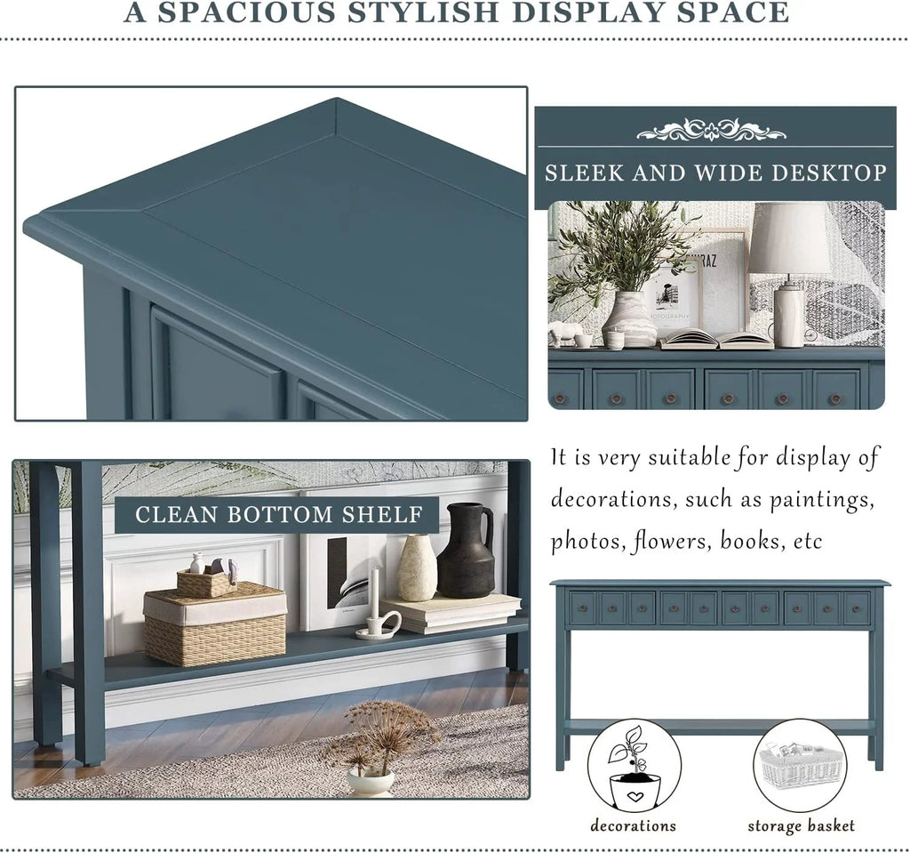Navy 60" Console Table with 2 Drawers and Bottom Shelf V276