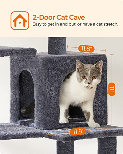Light Gray 61-Inch Cat Tree with 5 Scratching Posts, 2 Perches, 2 Caves, Hammock N696