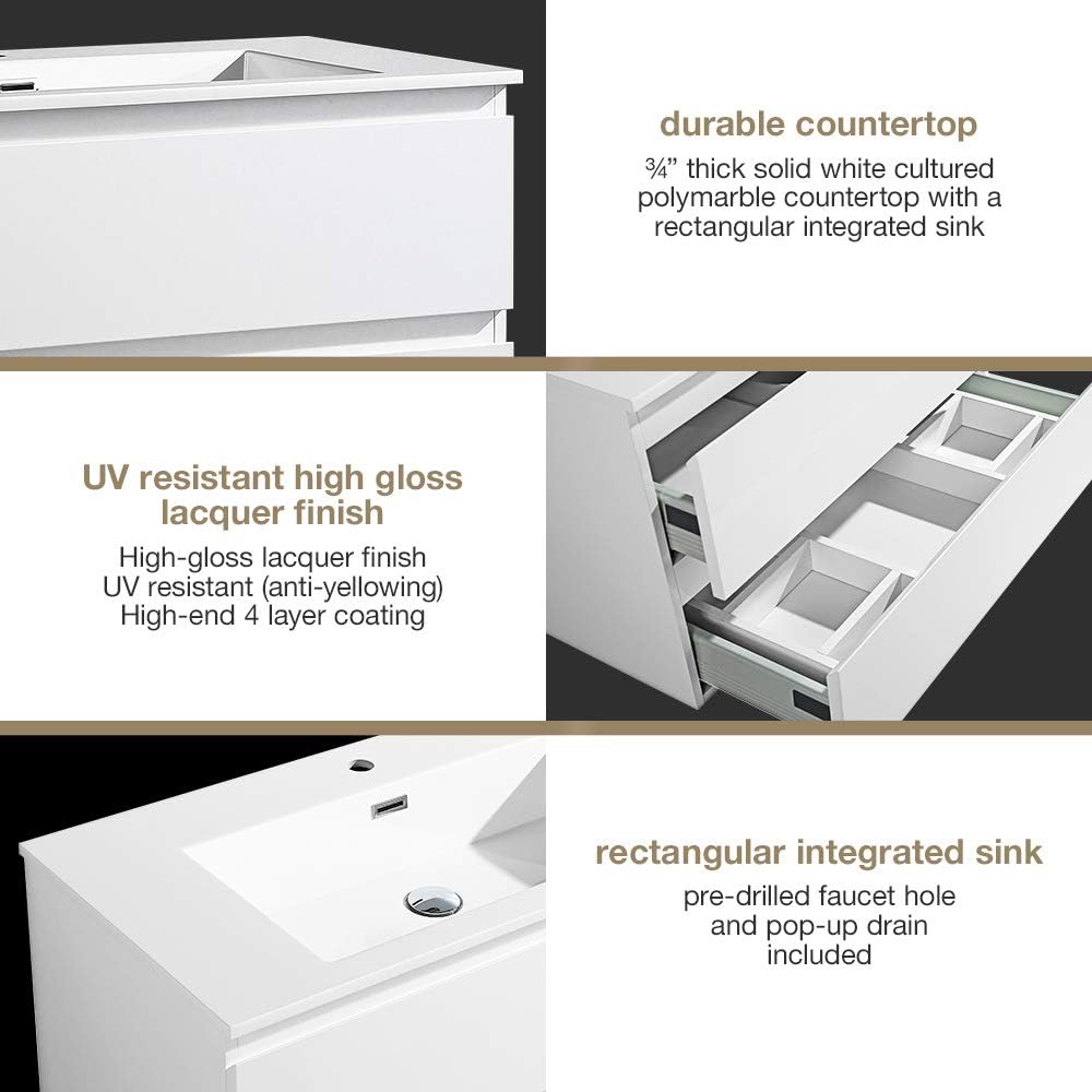 36 Inch Wall Mounted Bathroom Vanity with 2 Drawers and Sink F6531