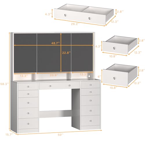 White 50" Vanity Desk with Mirror and Lights, Glass Top, 11 Drawers & 8 Hidden Storage Shelves, 3 LED Lighting Modes V872819