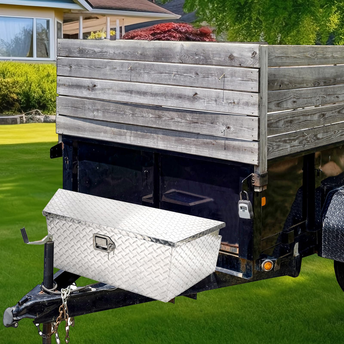 Heavy Duty Aluminum Diamond Plate Trailer Tongue Box with Lock and Keys, Silver, 39 x 16.5 x 12 Inches F360382