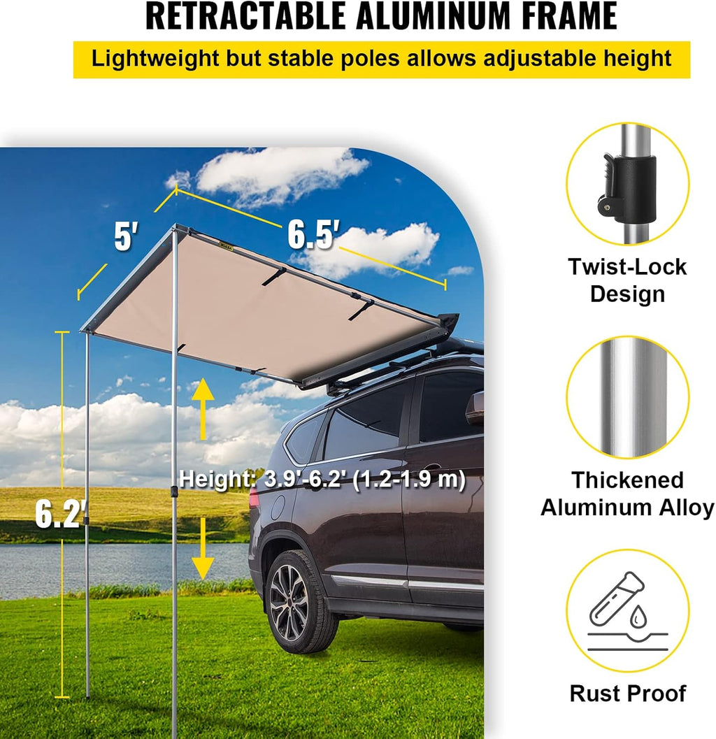 Khaki Pull-Out Retractable Car Side Awning with Carry Bag V437020