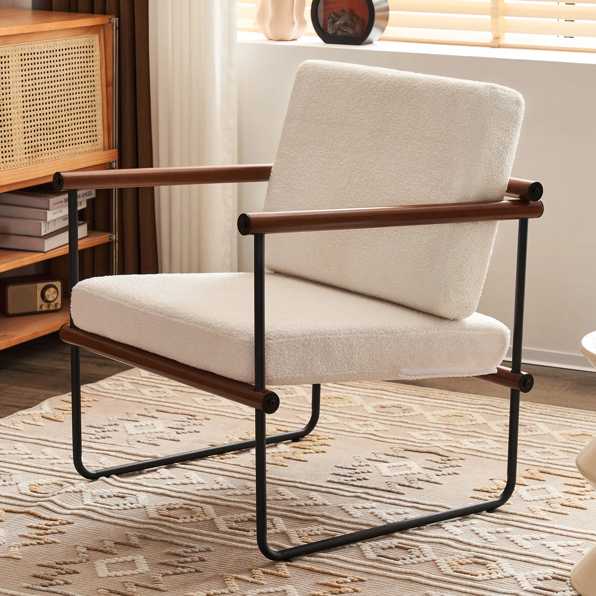 Walnut Boucle Accent Chair with Metal and Wooden Frame O358