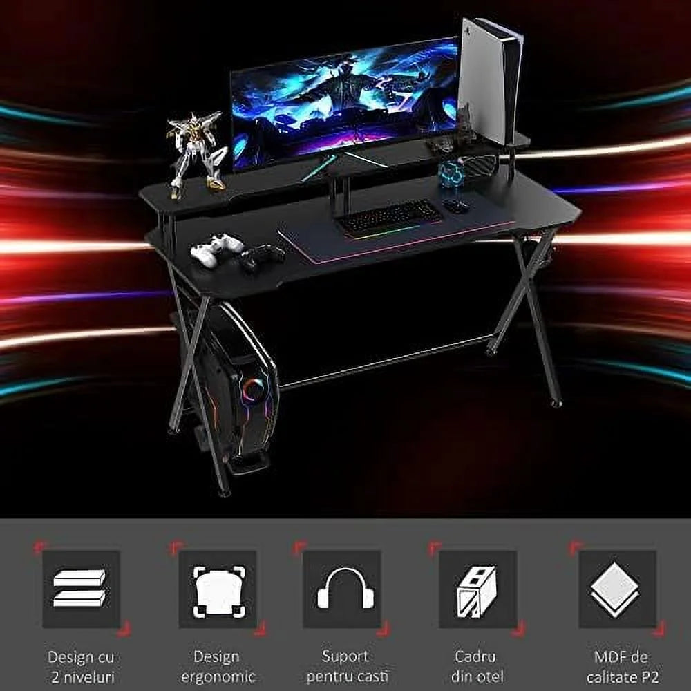 55 Inch Black Gaming Desk with Monitor Stand K80557