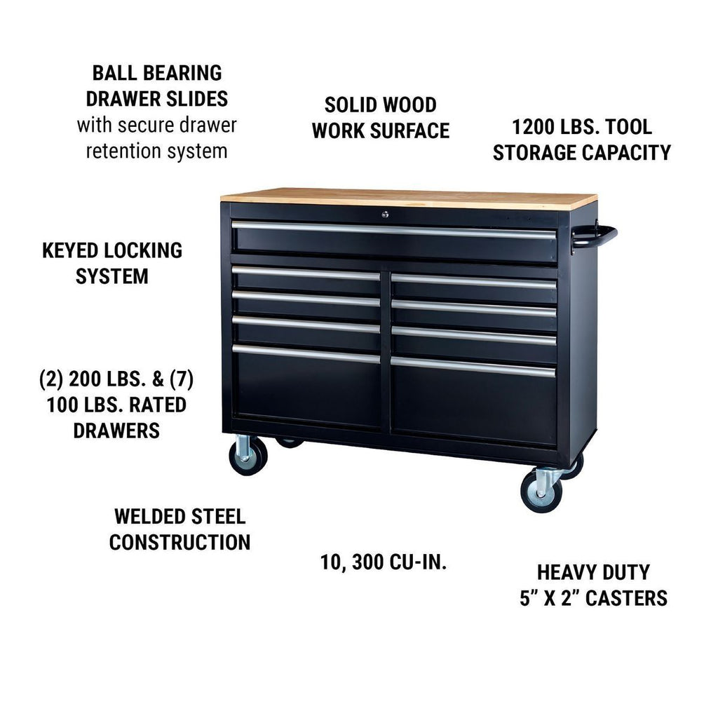 Black 9-Drawer Mobile Storage Cabinet with Solid Wood Top R98598