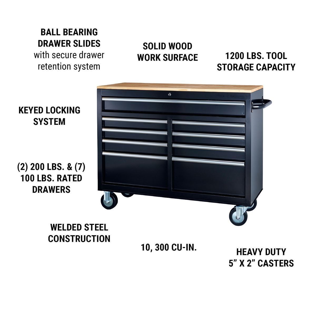Black 9-Drawer Mobile Storage Cabinet with Solid Wood Top R98598