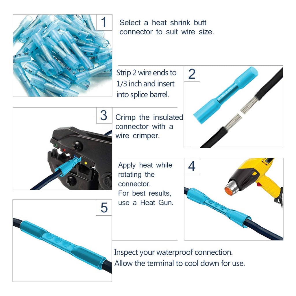 600PCS Heat Shrink Butt Connectors 16-14 AWG Waterproof Insulated Crimp Terminals (Blue) Pack of 2 X27336